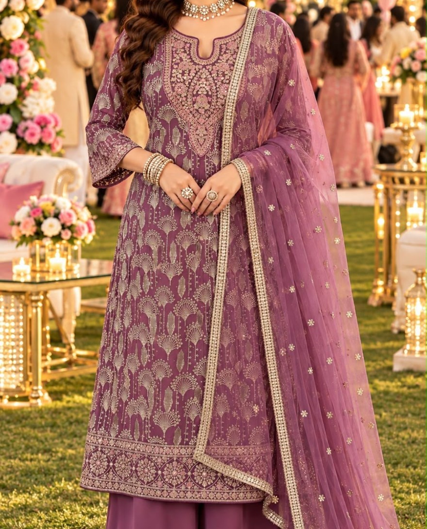 LILAC - Georgette Lilac Wedding Wear Embroidery Work Readymade Anarkali Suit